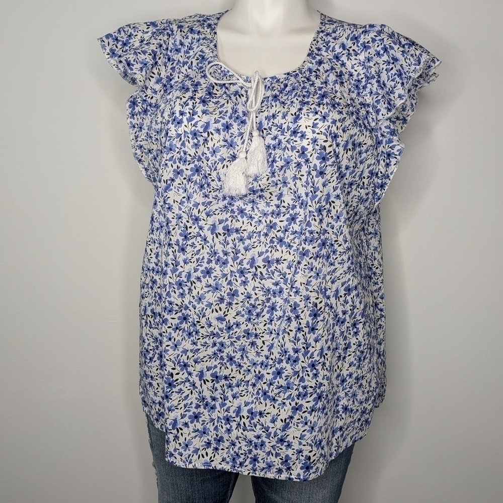 Land 'n Sea blue white 100% cotton tie neck short sleeve top XL